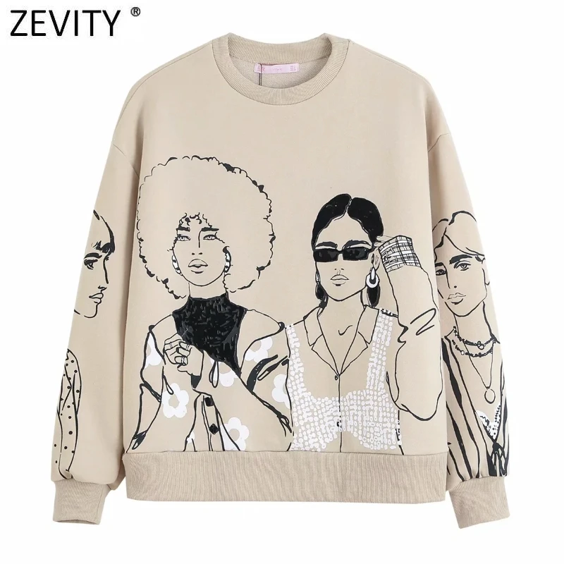 Zevity New 2021 Women Fashion Beauty Girls Print Casual Sweatshirts Female Basic O Neck Knitted Hoodies Chic Pullovers Tops H510