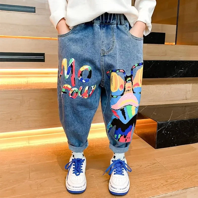 Children's Jeans Spring and Autumn 2023 New Children's Casual Pants Boys and Babies Loose Print Pants 3-9Y