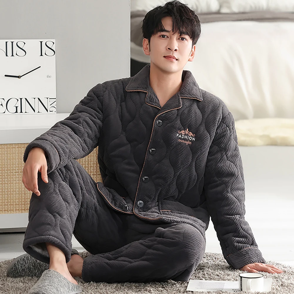 3-layer Super Thick Warm Men Winter Flannel Pajama Luxury Solid Embroidery Sleepwear Pajamas Set Comfortable Casual pyjama homme