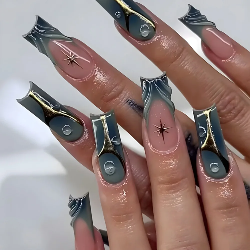 24개 중간 길이 사각형 프레스온 네일 레오파드 프린트 3D 별 디자인 인조 네일 라인스톤 탈부착 가능 풀커버 네일 팁