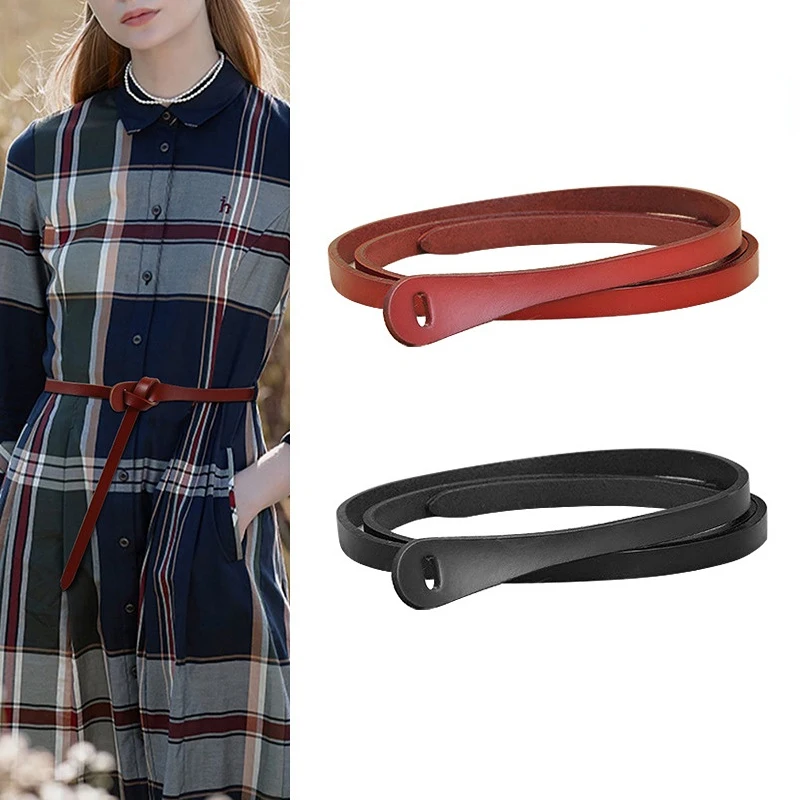 

New Style 1cm Thin Belt for Women Soft Genuine Leather Ladies Dresses Knotted Waistbands Simple Solid Personality Waist Strap
