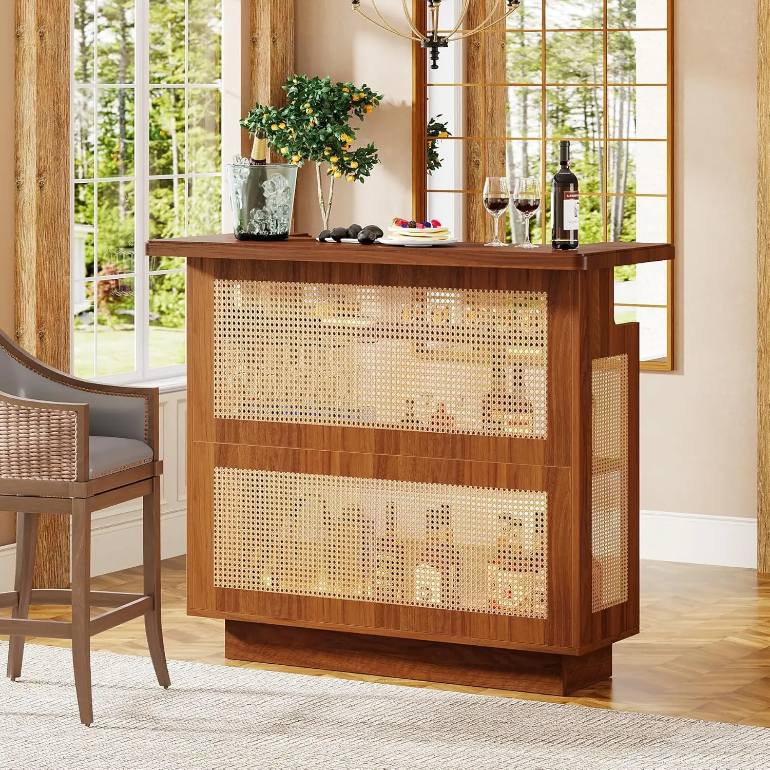 Rattan Home Bar Unit, Farmhouse 4-Tier Bar Table with 4 Stemware Racks and Heightened Base, Liquor Wine Cabinet Mini