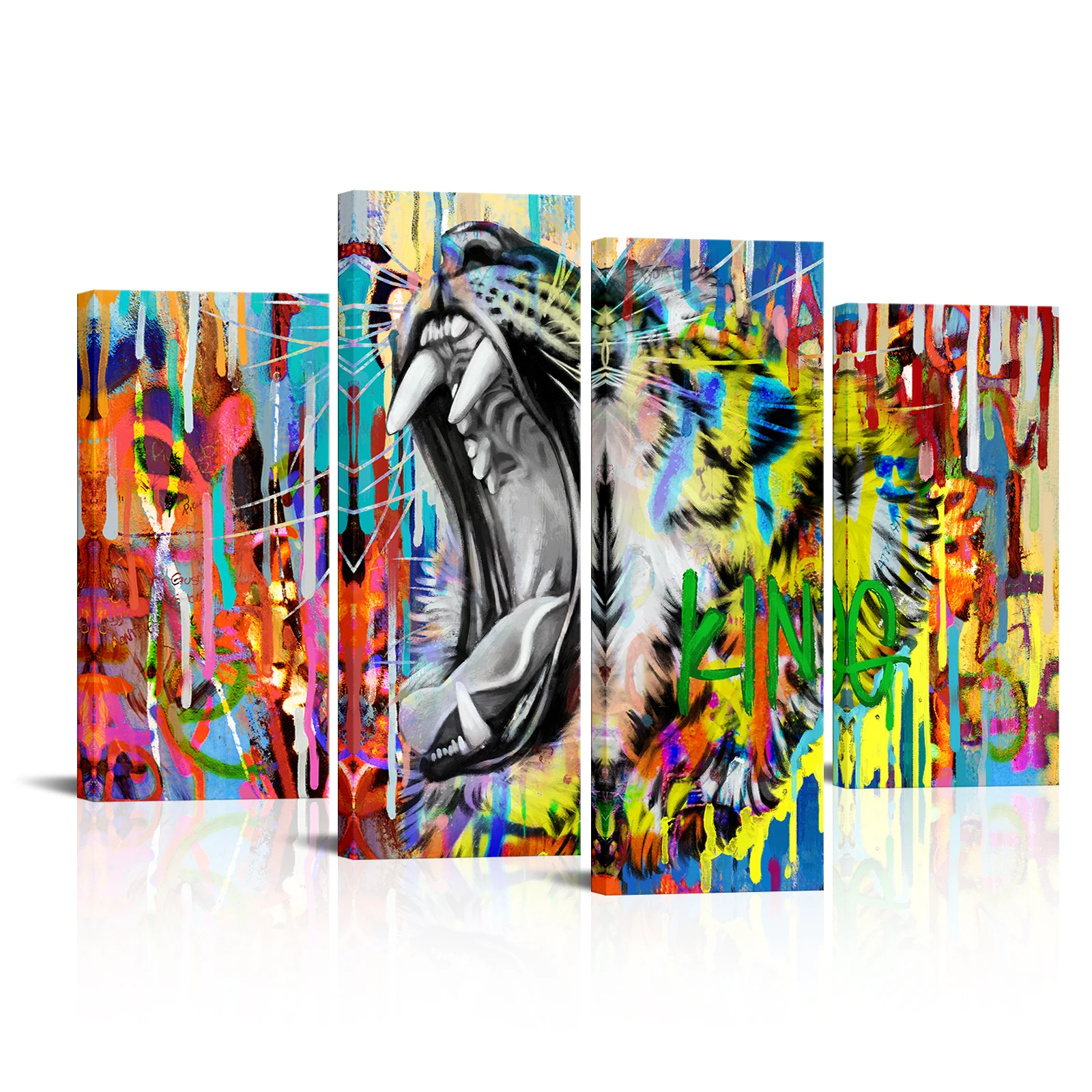 

4 Pieces Tiger King Wall Art Canvas Painting Abstract Animal Print Poster Modern Style Picture Living Room Home Decor