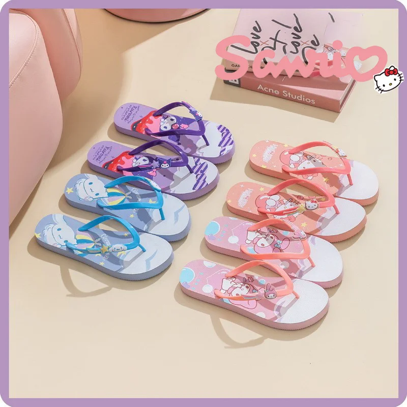 

Сандалии Sanrio Hellokitty Kuromi Cinnamoroll, шлепанцы с клипсой, летняя модная удобная мягкая подошва, Нескользящие, подарок для детей