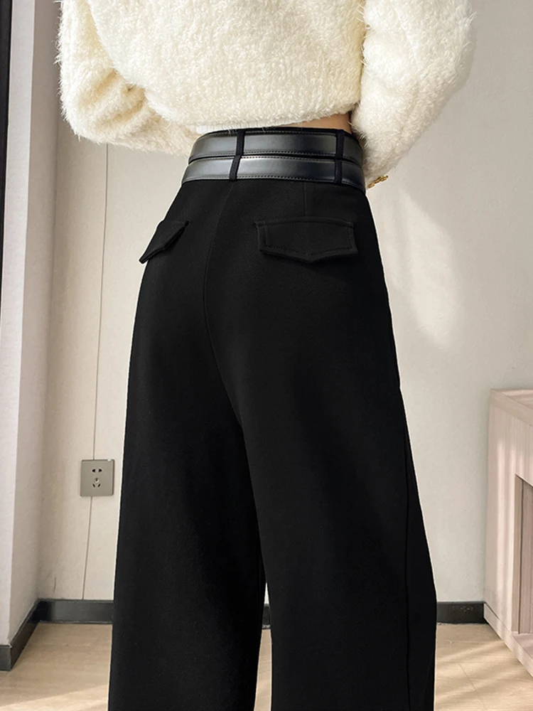 QOERLIN Standard and Velvet Winter Pants with Belt Korean Fashion High Waist Wide Leg High Waist Loose Trousers Female 2024 New