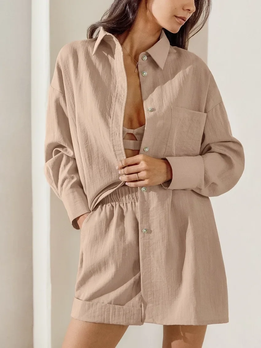 

Womens Two Peice Sets Autumn Long Shirt Casual Shorts Two-piece Suits for Women