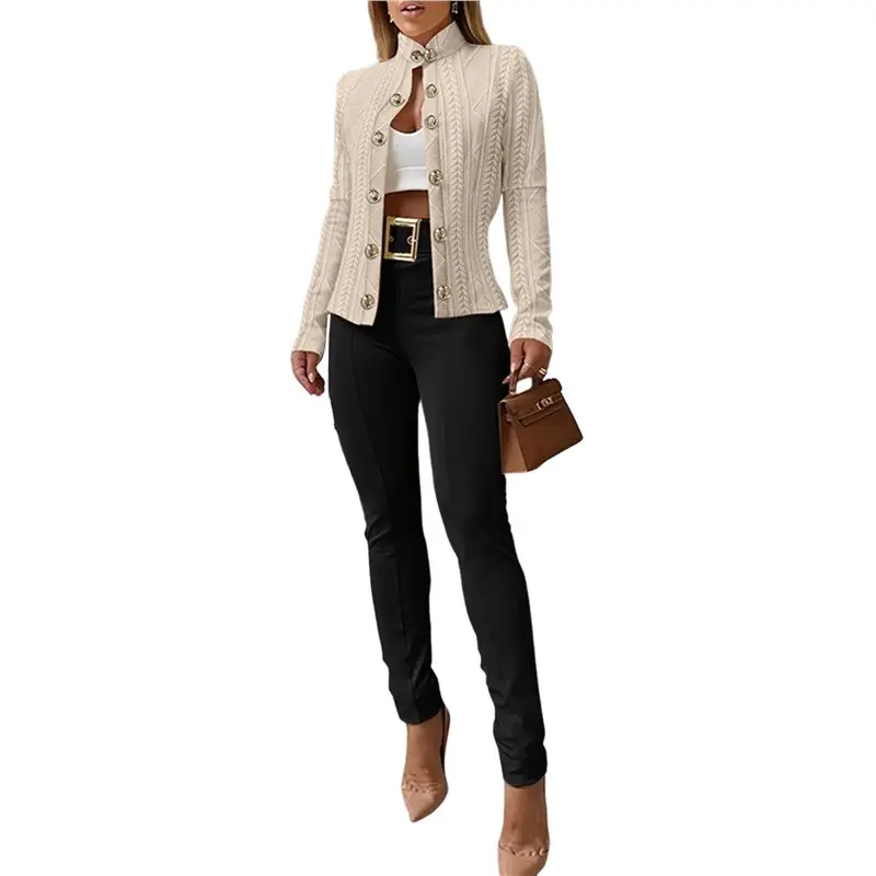 CYCLI-여성 아가일 케이블 가디건 경량 크롭 코트 스탠드 칼라 긴 소매 메탈 버튼 가을 재킷