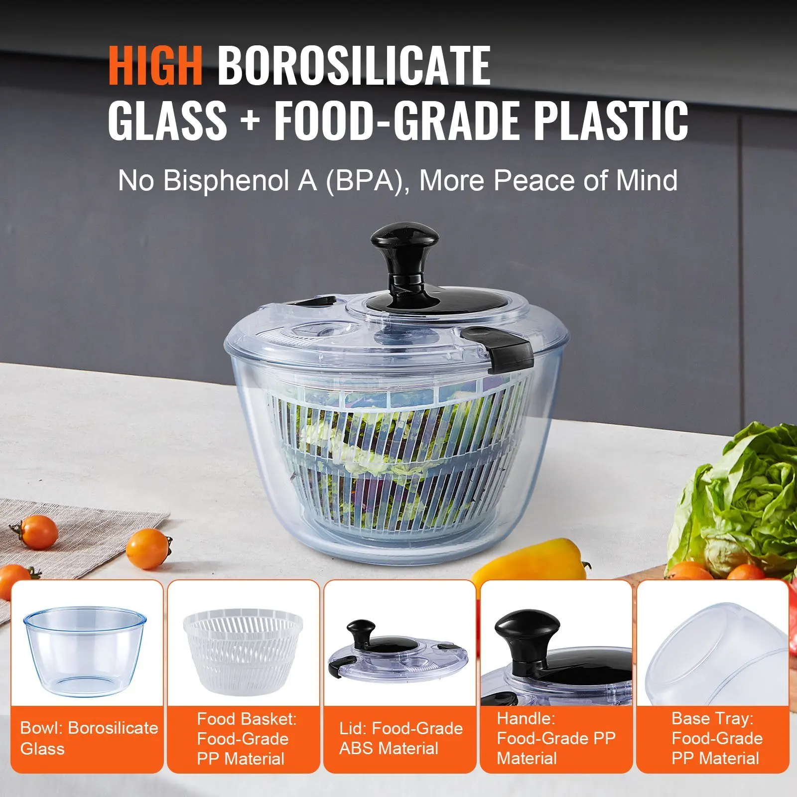 NEW Glass Salad Spinner 4.75Qt One-handed Easy Press Large Vegetable Dryer Washer Lettuce Cleaner and Dryer with High Boros