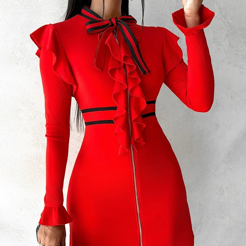 

Dress Women Solid Sexy Slim Fit Ruffles Zipper Lace Up Bow Full Sleeve Dresses Tight High Waist Vestidos Splice Elegant 2024