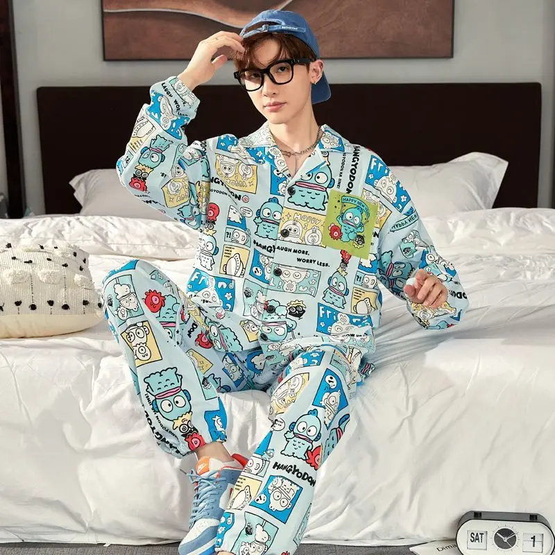 Men Spring Autumn Pajamas 2024 New Long-Sleeved Cardigan Pure Cotton Cartoon Youth Nightclothes Suit Casual Large Size Homewear