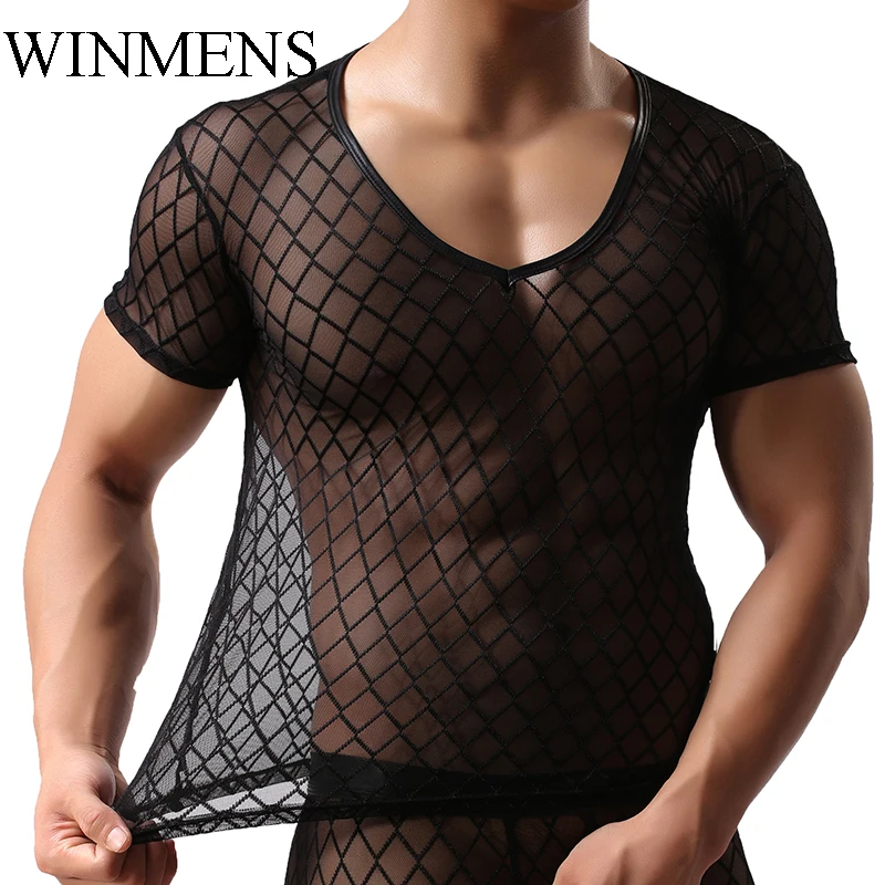 Adult Men's Undershirts Diamond Mesh Breathable Black See Inner O-neck Short Sleeves Sheer Fishnet Fitness Dance Performance