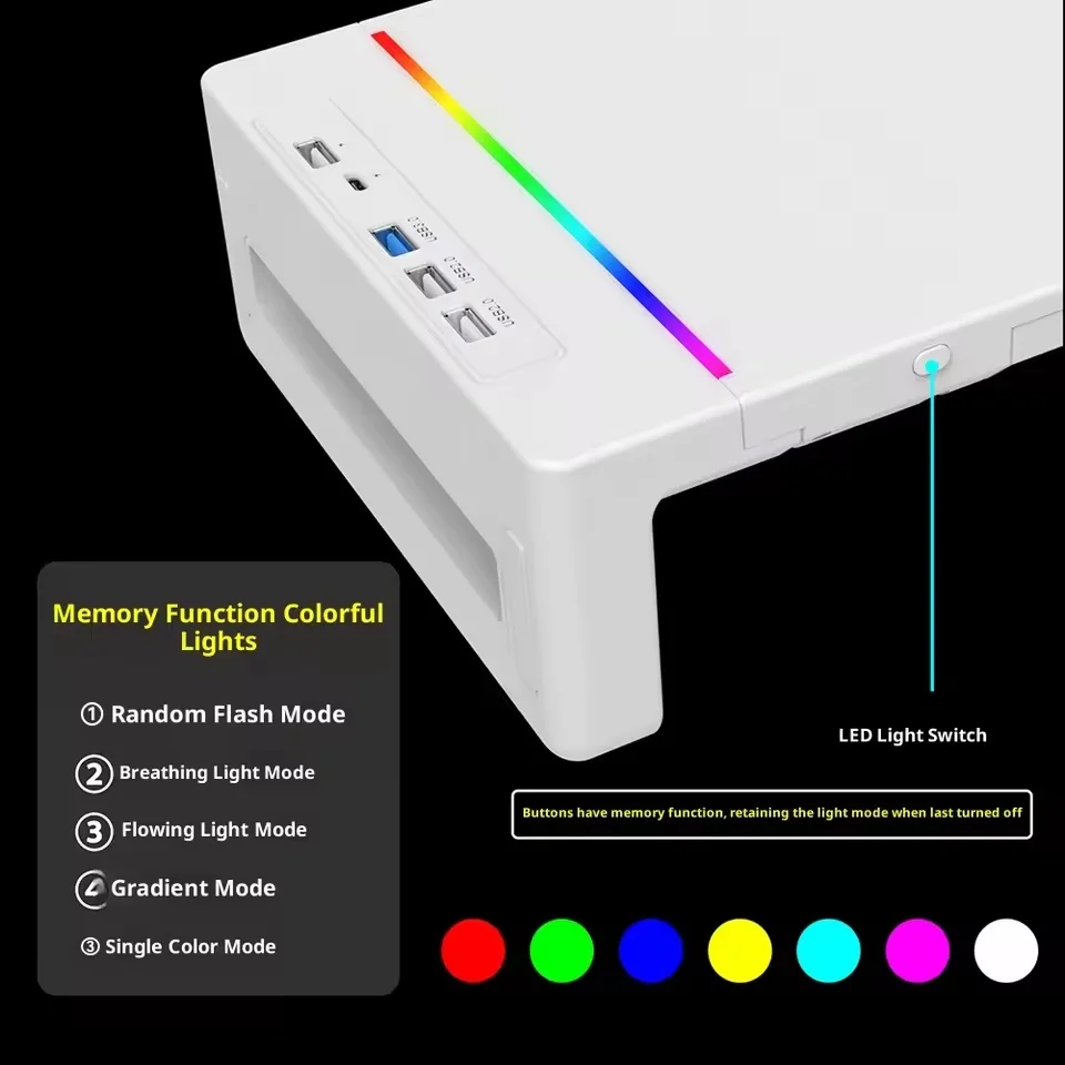 조절 가능한 노트북 스탠드 라이저, USB 3.0 허브, 13가지 모델, 7색 LED, 휴대폰 거치대, 수납 서랍 포함