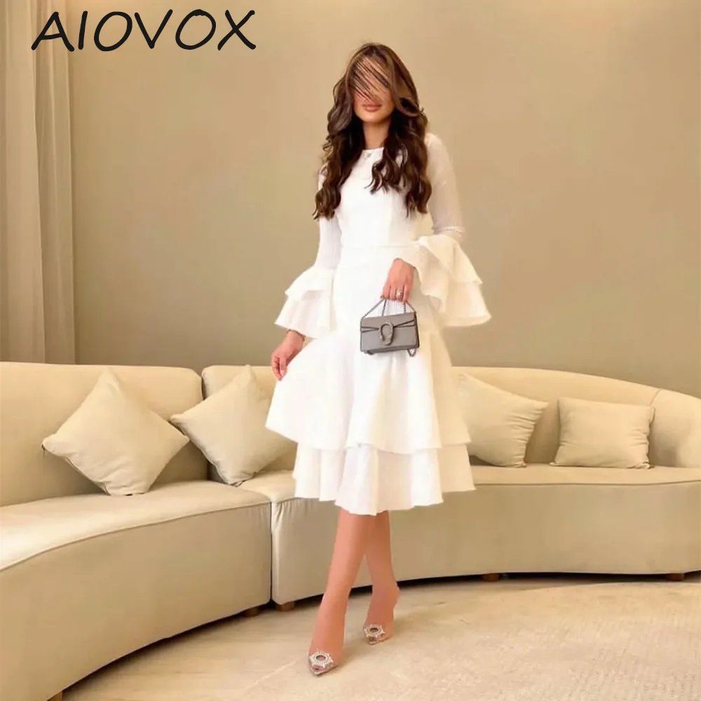 

AIOVOX A-line Party Dresses O-Neck Flare Sleeves Chiffon Knee Length Formal Occasion Dress Simple Full Sleeves robe de soirée