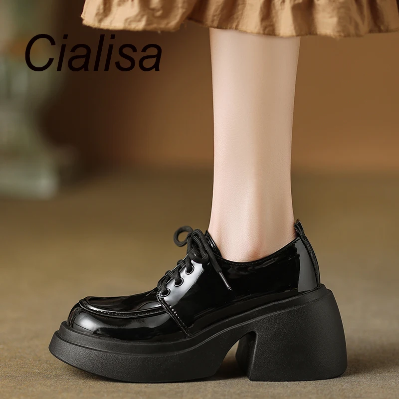 

Cialisa Casual Platform Loafers Spring Autumn Round Toe Handmade Genuine Leather Women Shoes Chunky Heels Lace Up Footwear Black