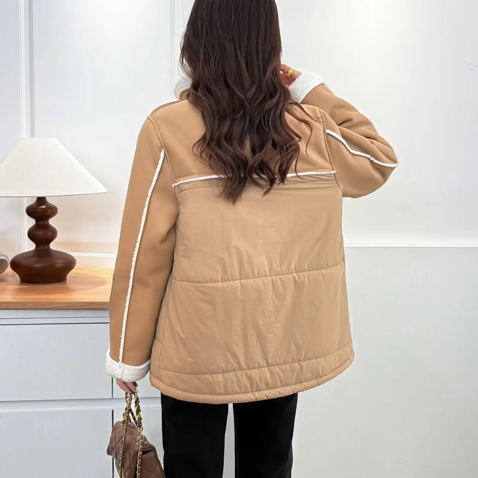 XXXXL Fashion Plus Size Women's Parkas Winter New Stylish Lambskin Fleece Patchwork stand-up Collar Padded Jacket Warm Coat 2256