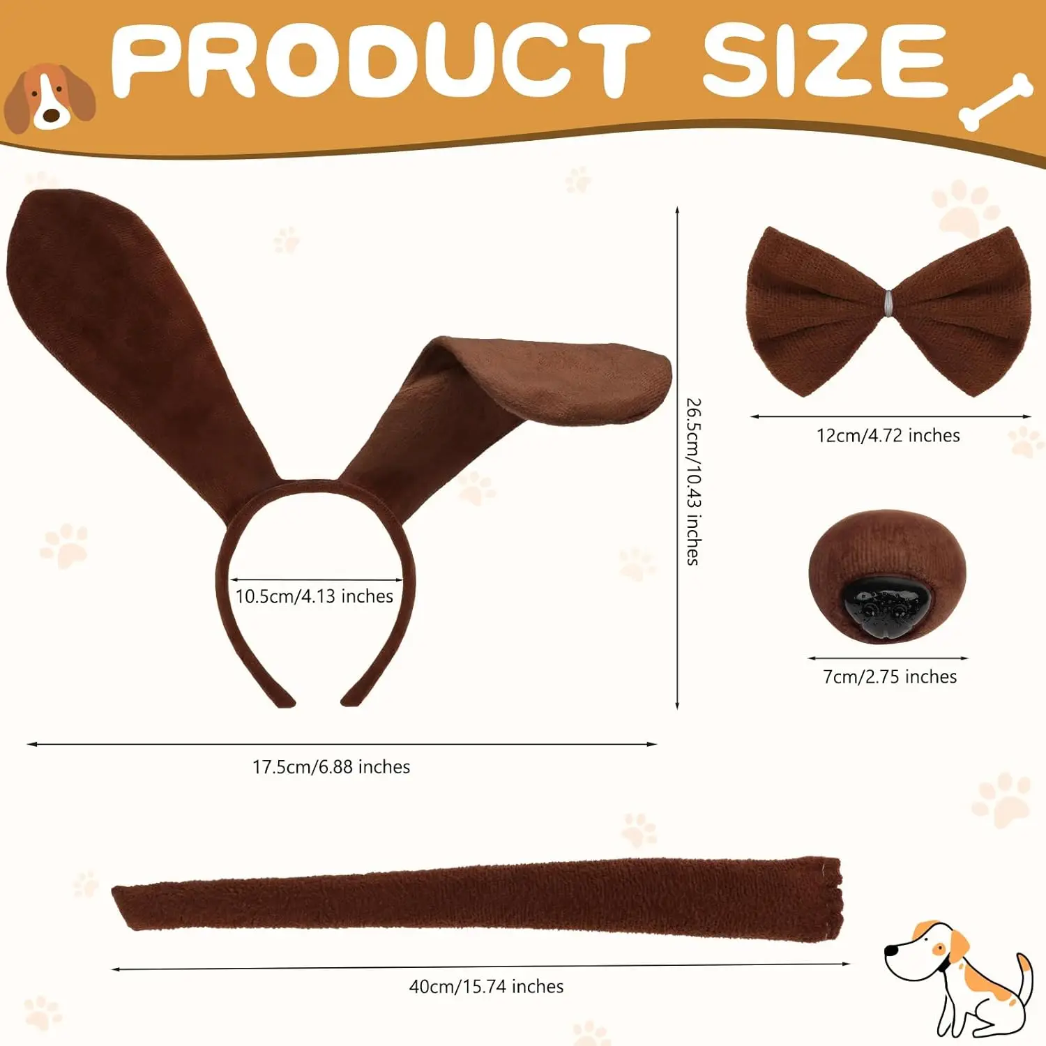 4PCS Brown Dog Costume Set Puppy Animal Dog Ear Headband Tail Nose Bow Tie Cosplay Costume Accessories For Adult Kids Halloween