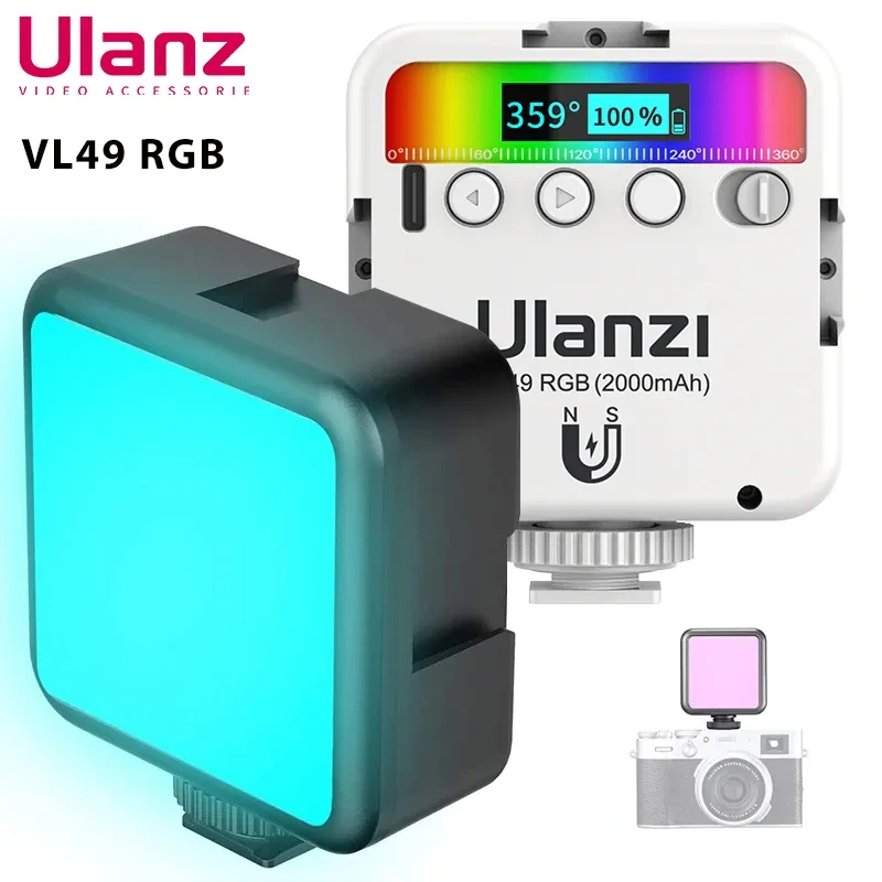 Ulanzi VL49 Luz Led para Vídeo a Todo Color, Iluminación RGB Mágnetica, Puerto Tipo c, Batería de 2000mAh, 2500K a 9000K, 800LUX, Luces de Relleno Extensibles a 3 Zapatas Frías