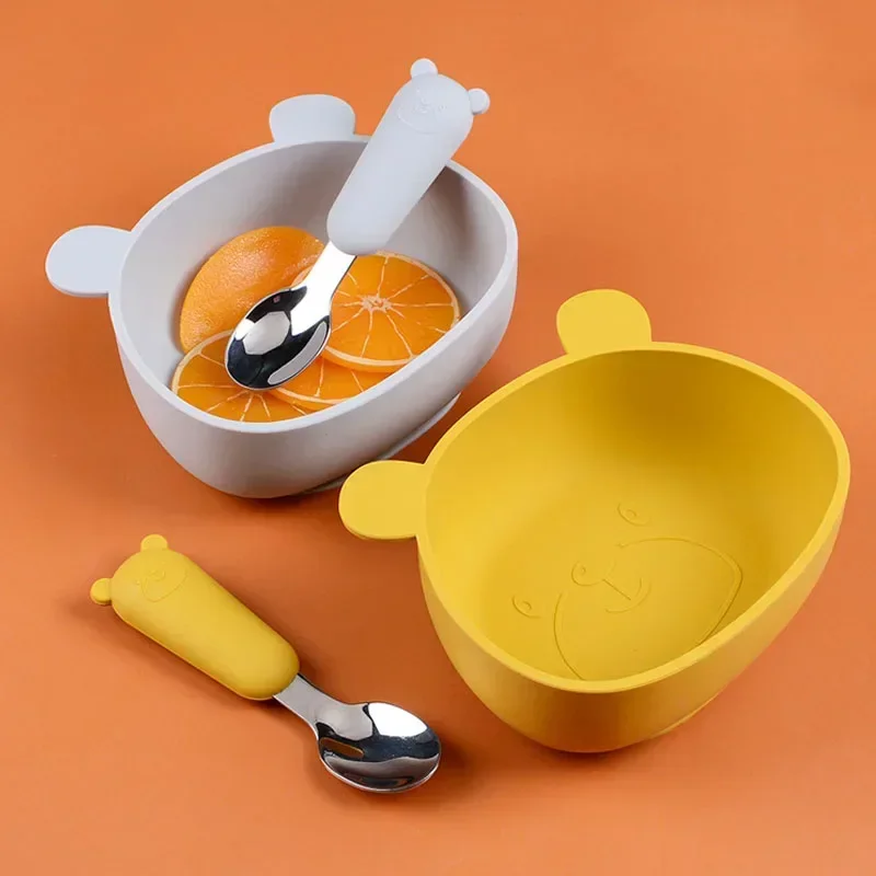 Silicone Baby Feeding Bowl Bear Tableware Waterproof Spoon Non-Slip Crockery BPA Free Silicone Dishes for Baby Bowl Plate