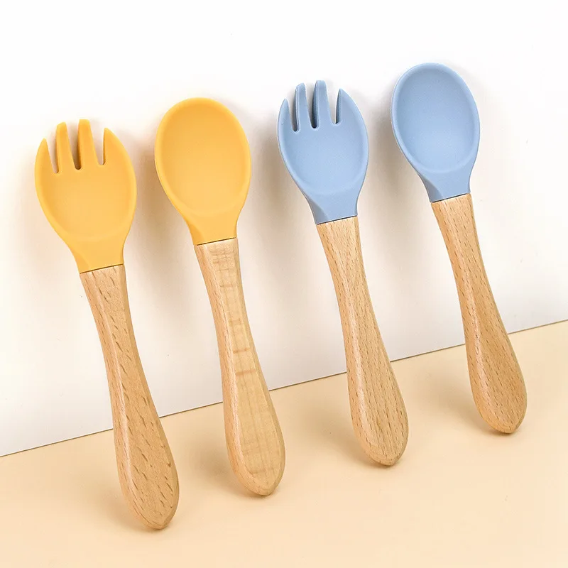 100% Food Grade Silicone Baby Wooden Handle Fork Spoon For Children's Eating Training Complementary Food Tableware Set silicone cutlery set