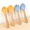 100% Food Grade Silicone Baby Wooden Handle Fork Spoon For Children's Eating Training Spoon For Complementary Food Tableware Set 1