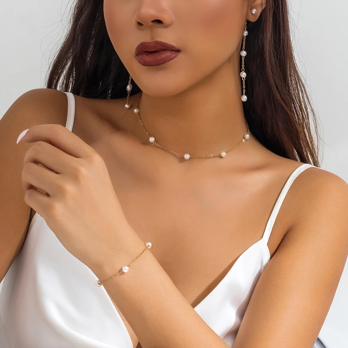 Lacteo Elegant Imitation Pearl Necklace Bracelet Drop Earrings