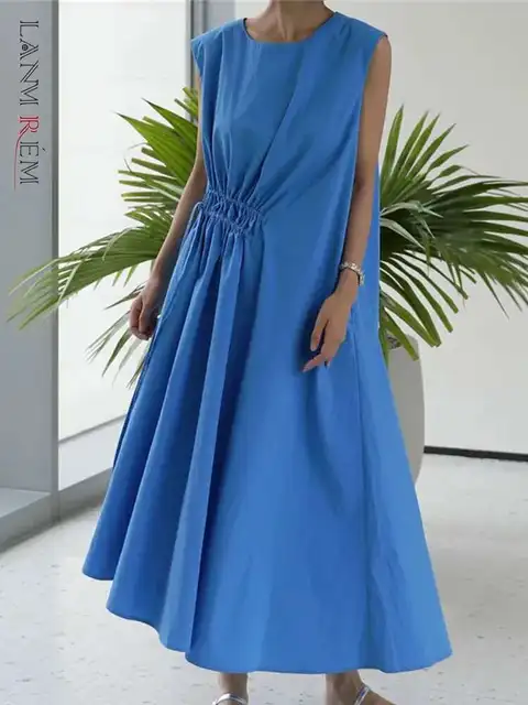 LANMREM Loose Korean Trendy Sleeveless Women's Blue Dress 2025 New Versatile Lace Up Summer Knee Length Dresses Chic 2DB3116