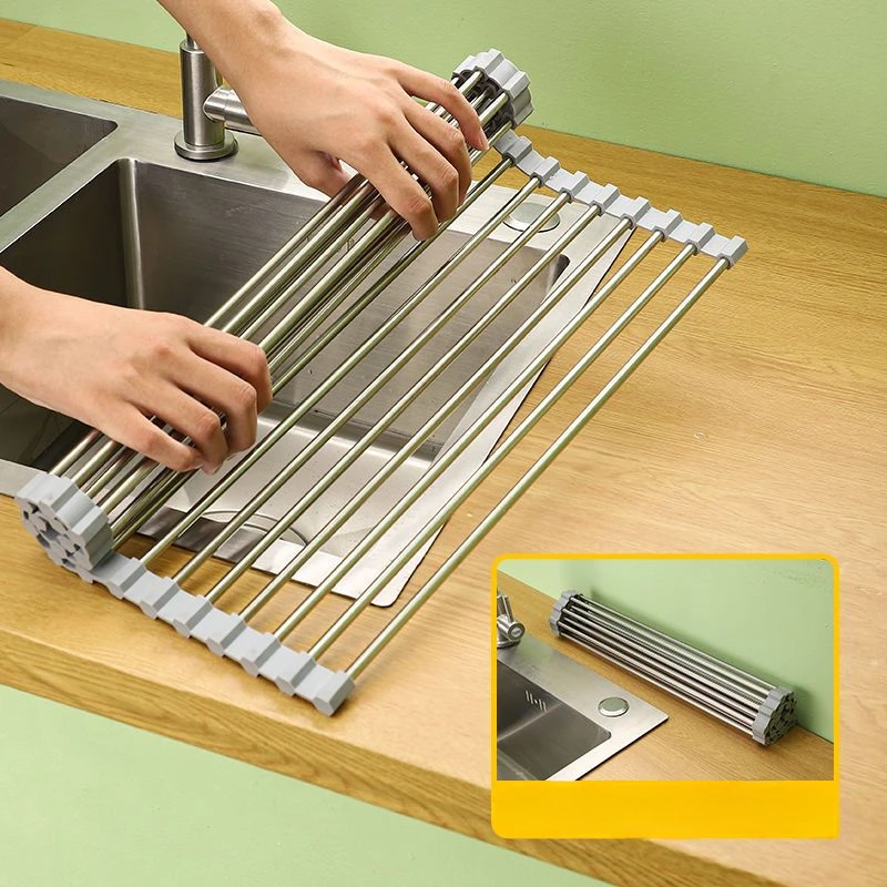 

304 Stainless Steel Drain Roller Curtain Kitchen Sink Drain Rack Foldable Drain Rack Mildew-Proof Silicone Storage Rack