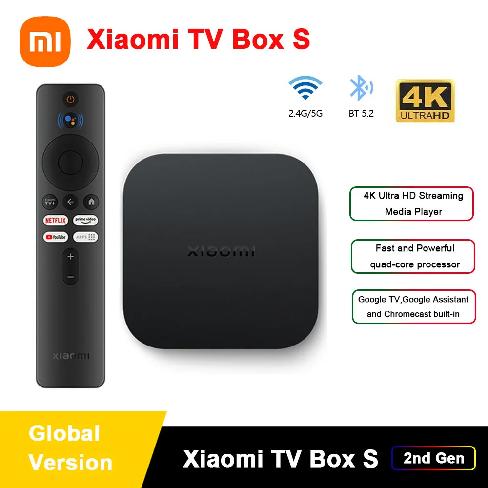 

Global Version Original Xiaomi Mi TV Box 2nd Gen 4K Ultra HD 2G 8G WiFi BT5.2 Google TV Cast Netflix Smart TV Box S Media Player