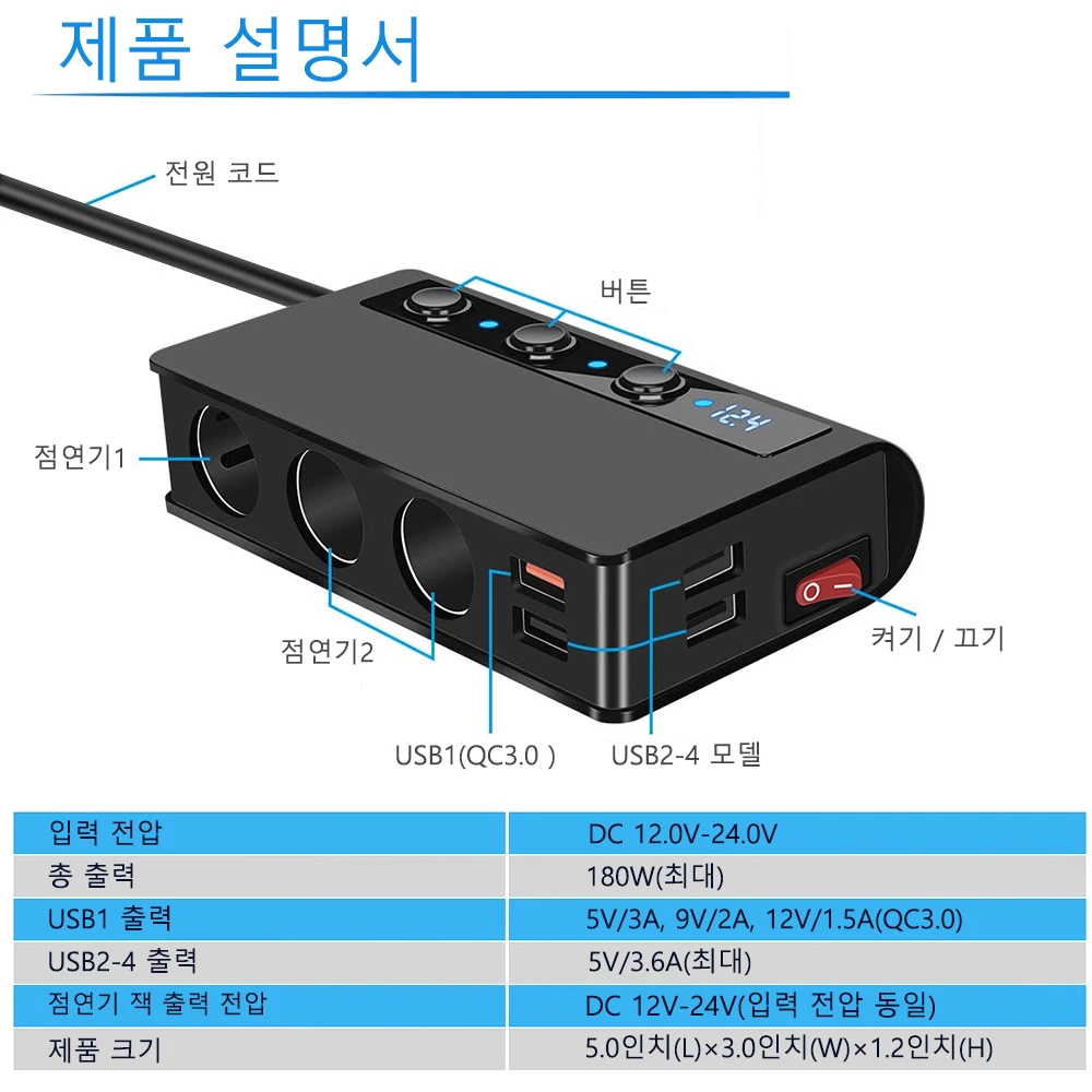 Extractme 180W   й   3.0 ڵ   12V, 24V 4 Ʈ USB   ȭ IPad