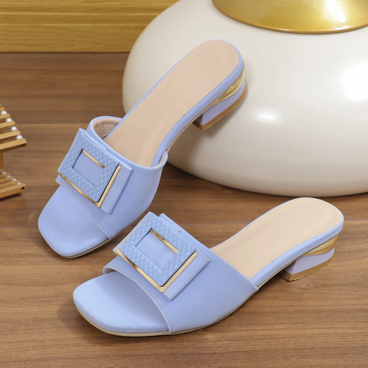 Women Slippers High Heel Summer Slip on Elegant Low Heel Wedding Party
