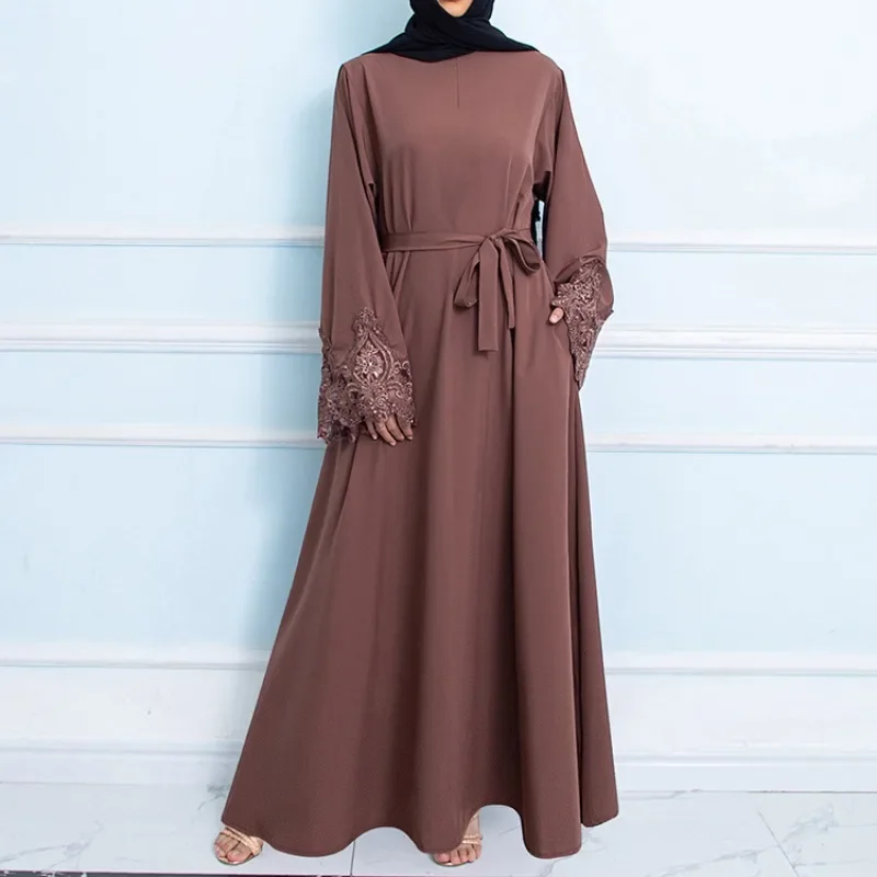Islam Abaya Dress for Women, Embroidered Sequin Cuffs, Monochrome Robe, Casual Muslim Dress, Europe and America, 2024