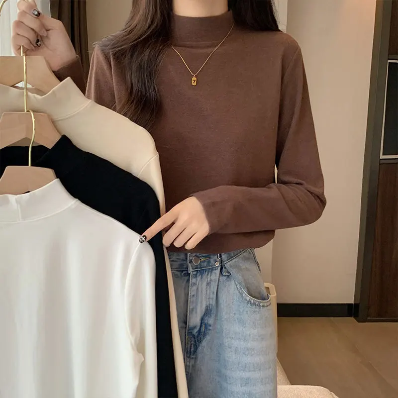 

Korean Women Half High Collar Top Cashmere Elastic Slim Thick Sweatshirt Warm T-Shirt