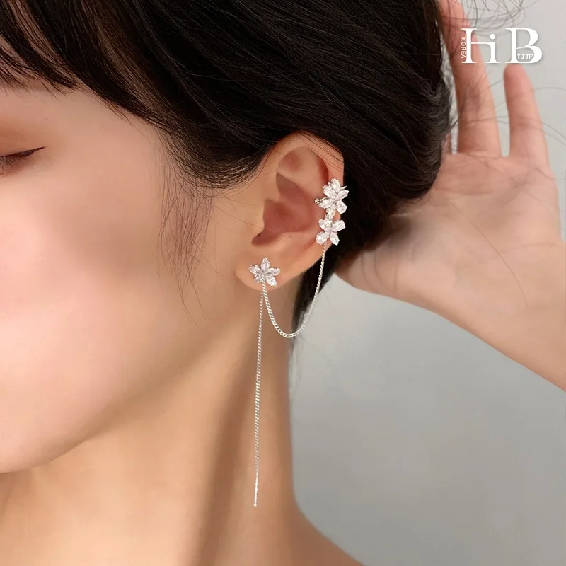 Ear Clip Earrings Clip Earrings Ear Clip Ear Accessories JWER Korea Silver Color Crystal Flower Clip Earrings For Women Simple Fake Cartilage Long Tassel Ear Cuff Jewelry Gifts