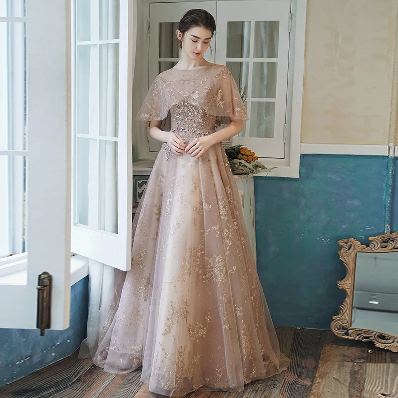 Vestido de noche elegante para mujer, traje clásico con cuentas y lentejuelas, con cordones, línea A, para fiesta de graduación