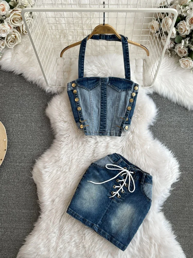 Women Lace Up Jean Denim Bodycon Mini Skirt Sets and Halter Strapless Top Two 2 Piece Set Sexy Party Outfit 2024 Summer
