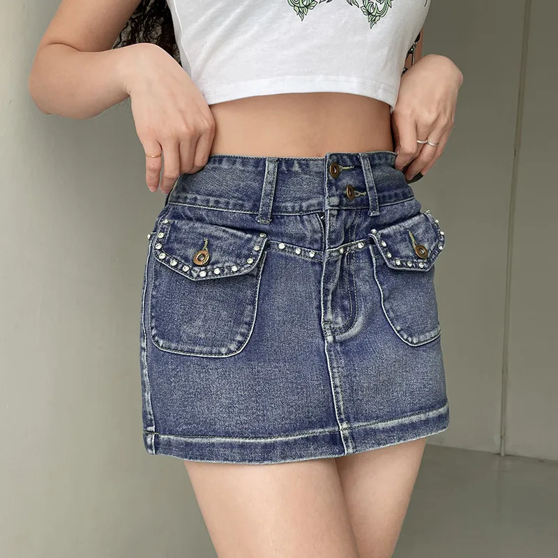 

Musuos Denim Mini Skirts Women Solid Fashion Rhinestone High Waist Jeans Pencil Skirts with Pocket Y2K Streetwear Clothes Summer