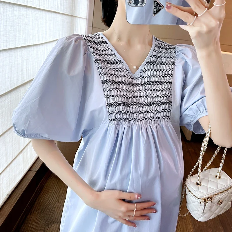 임산부용 전국 패치워크 코튼 임산부 롱 드레스, 2024 여름 한국 패션, 느슨한 스트레이트 의류