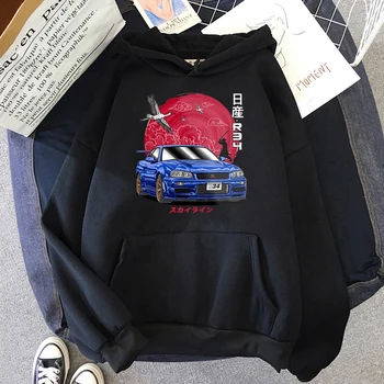 JDM 자동차 스카이 라인 GT-R R34 이니셜 D 까마귀 캐주얼 긴 소매 탑스 오버 사이즈 후드 티 스웨터