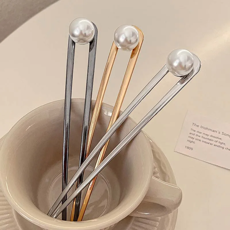 Simple Imitation Pearl U-Shape Hair Sticks Elegant Metal Hairpins for Women Girls Fashion Bun Styling Tools Hair Accessories hair accessory hair stick pearl hairpins