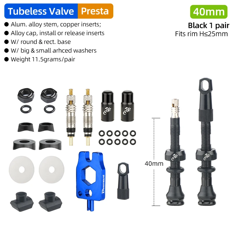 Tubeless Tire Valve for Carbon Rims with Detachable Brass Core and Cap - Multiple Sizes Available
