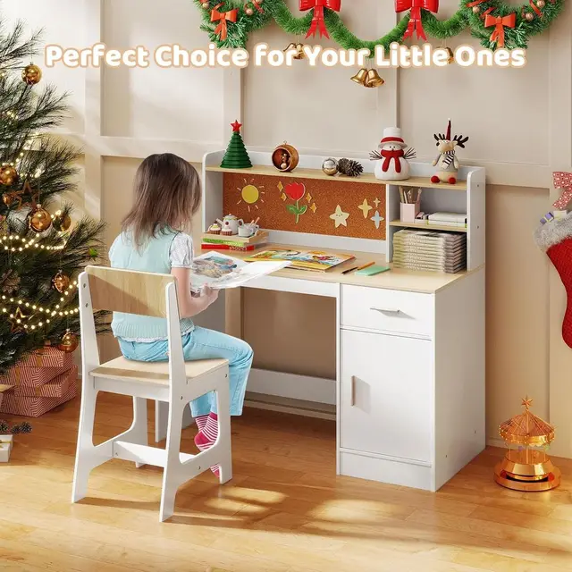 Wooden Kids Desk and Chair Set with Storage for Ages 5-12 in White