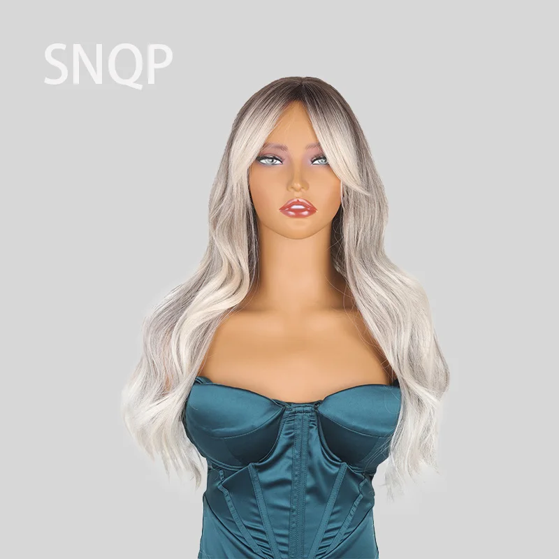 

SNQP синтетический длинный волнистый парик для женщин, 28 дюймов, Омбре, белый, серый парик для повседневного косплея, вечерние, термостойкая дышащая повязка на голову