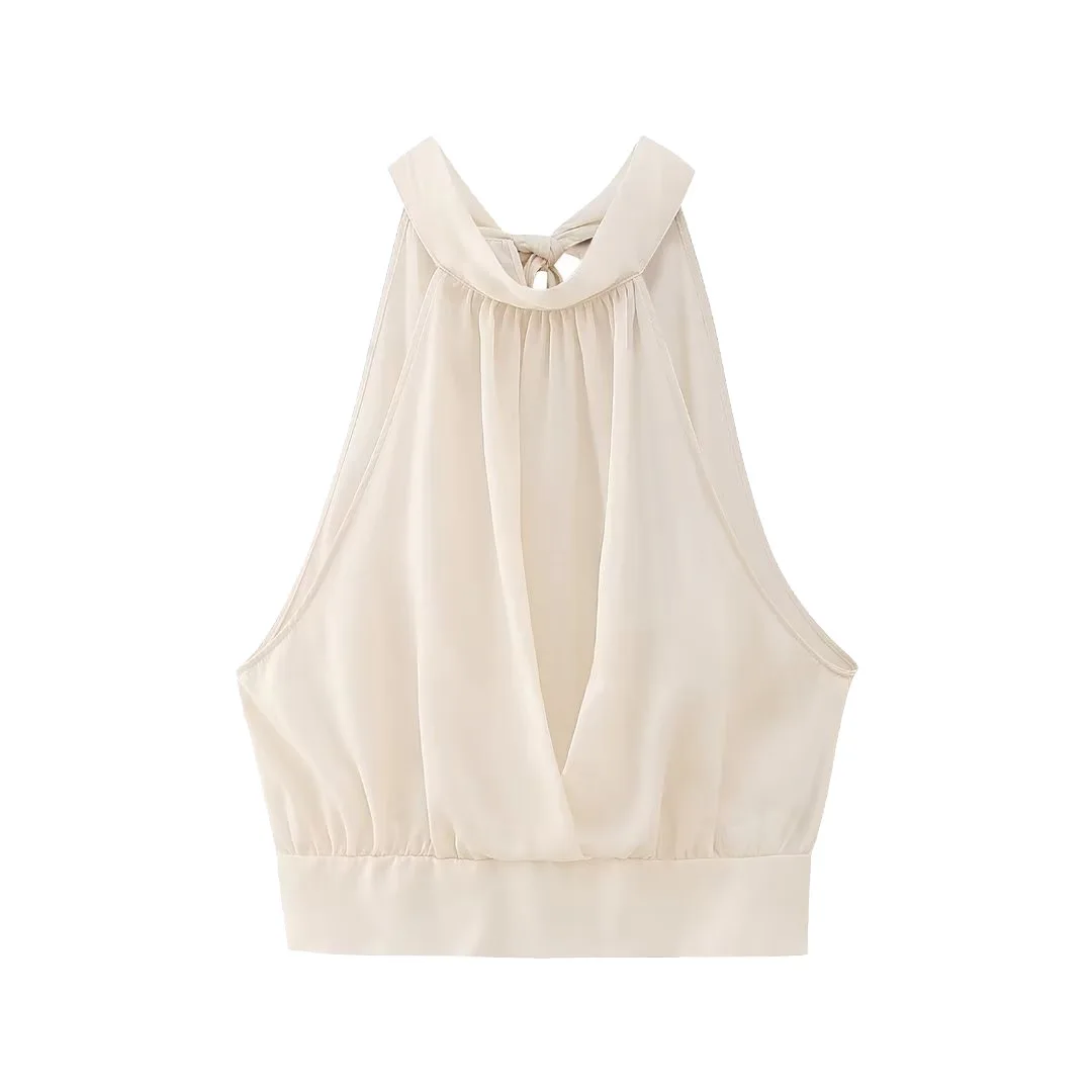 

TRAF 2023 Women Sweet Sleeveless Pleats Back Bow Tied Short Chiffon Blouse Lady Sleeveless Crop Vest Shirt Blusas Tops