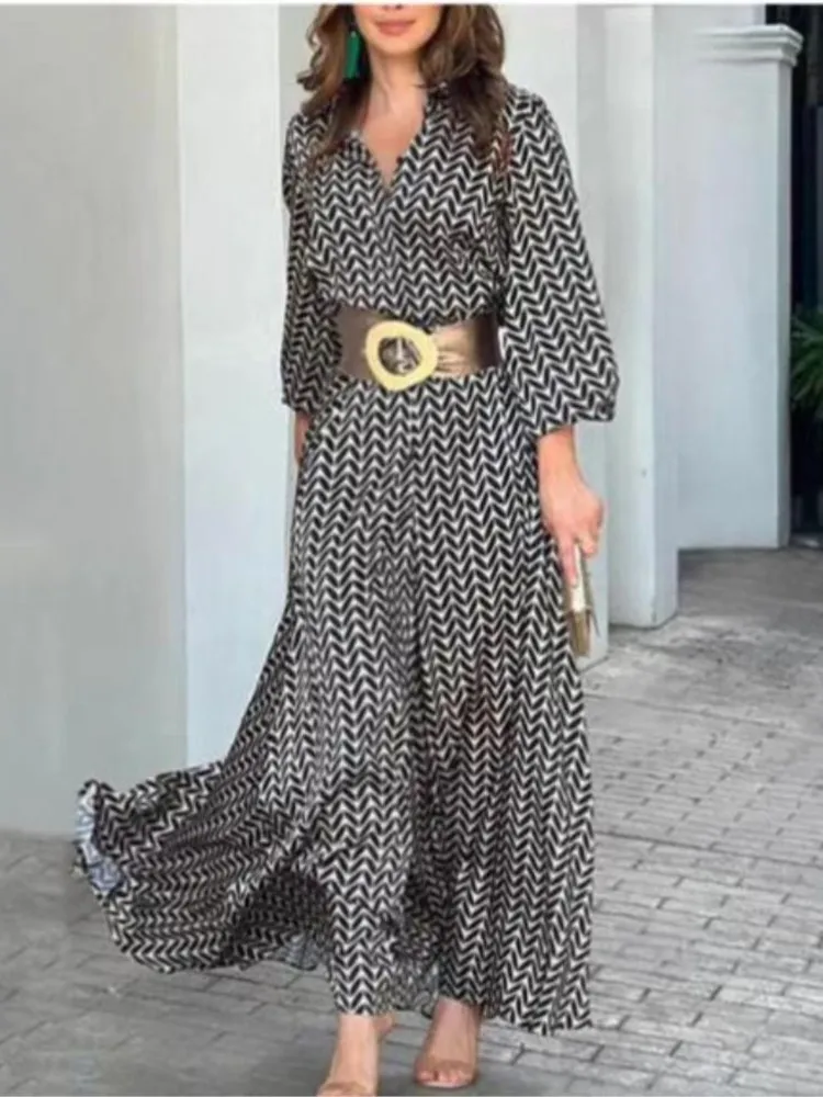 

RDMQ 2023 Elegant Printed Belt Women's Bodycon Maxi Dress Chic Lapel Long lantern Sleeved Shirt robe Summer Lady high streetwear