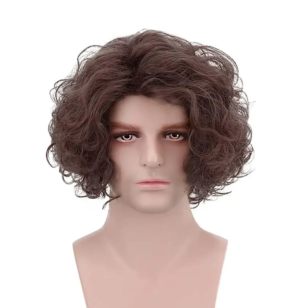 Free Beauty 12'' Short Curly Synthetic Wig Hippy Men Punk Rocker 70s Fluffy Hippie Side Bangs for Party Costume Halloween Brown