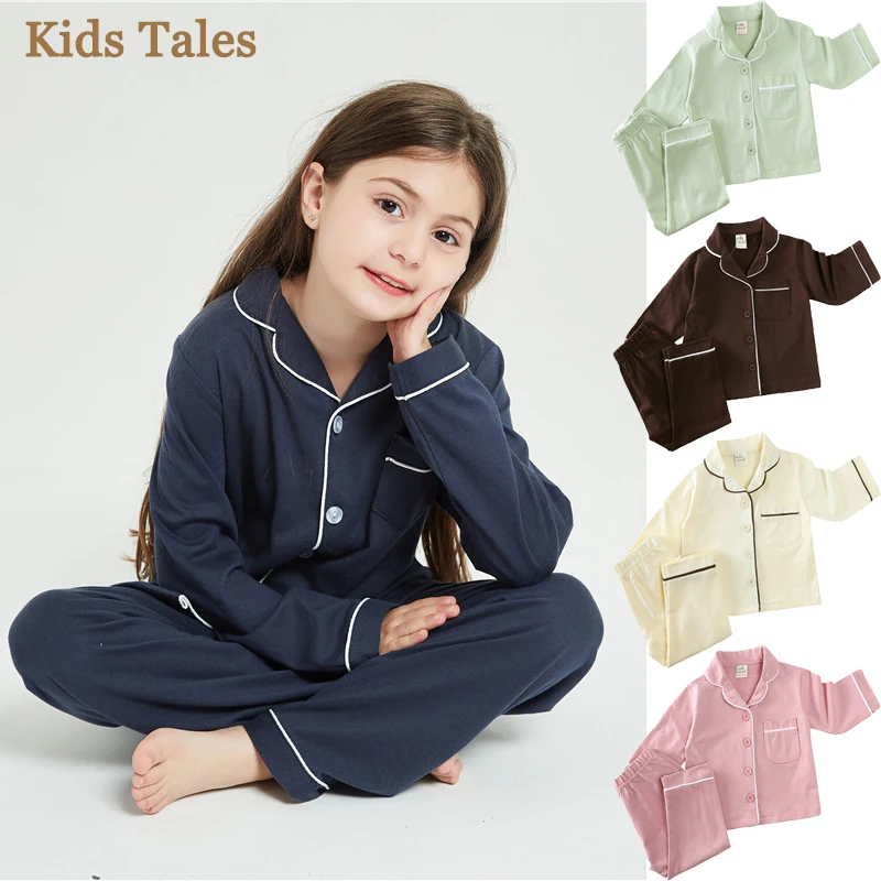 الأطفال الكورية المتسكعون فتاة منامة مجموعة الاطفال طويلة الأكمام زر أسفل أعلى والسراويل طفل الصلبة ملابس خاصة طفل الفتيان 2 قطعة