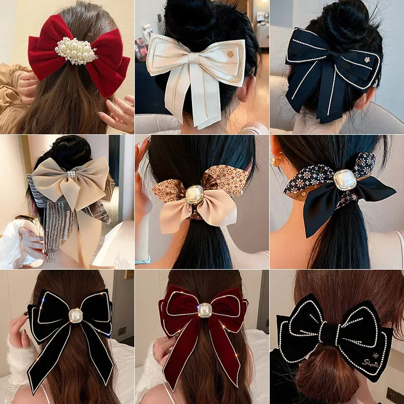 

Korean Style Large Big Black Bow Hairpins for Women Elegant Fabric Rhinestone Pearl Hair Clips Fashion Barrette Hair Accessories