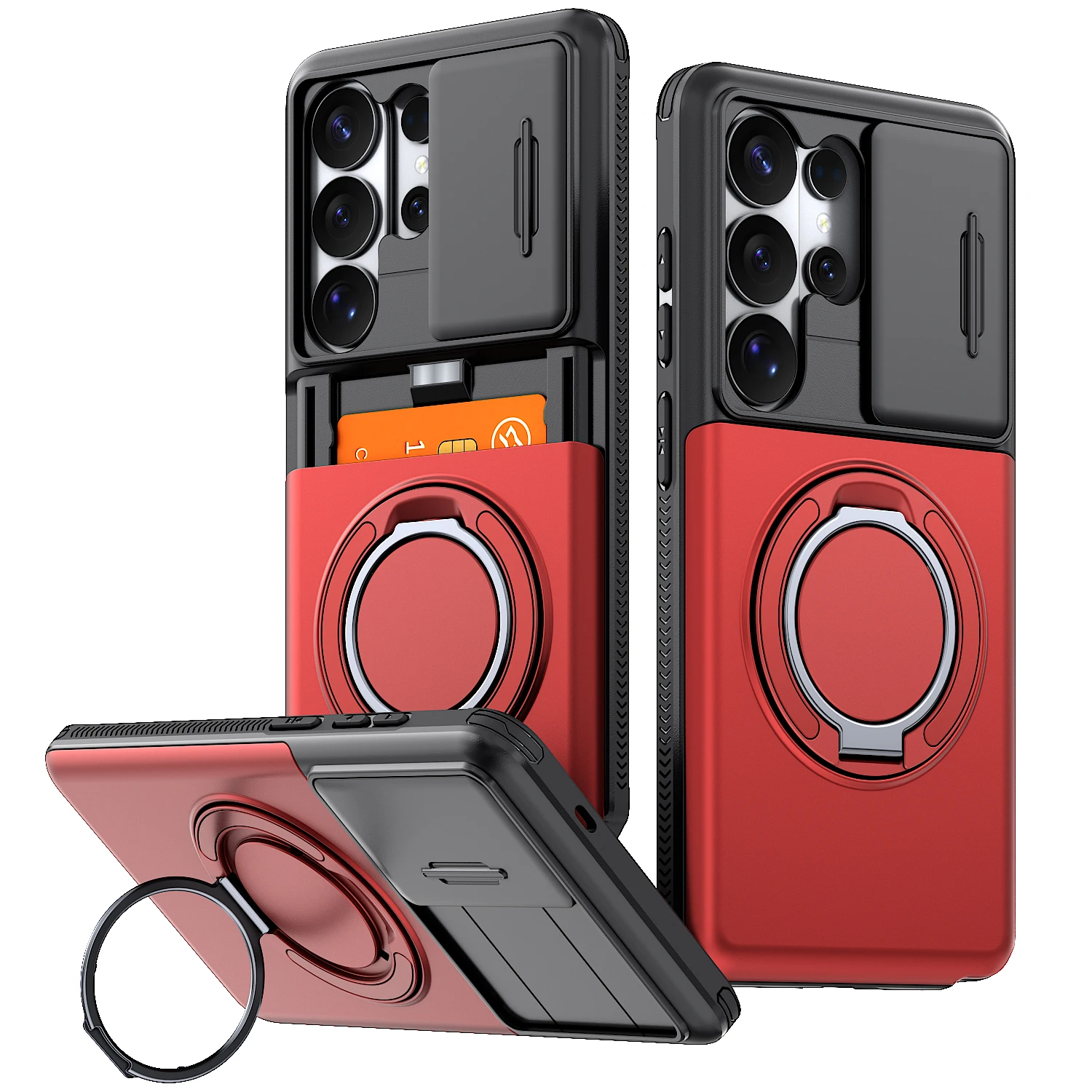 Enhanced Shockproof Protective Case with Slide Camera Cover, Rotating Ring Kickstand, and Card Holder