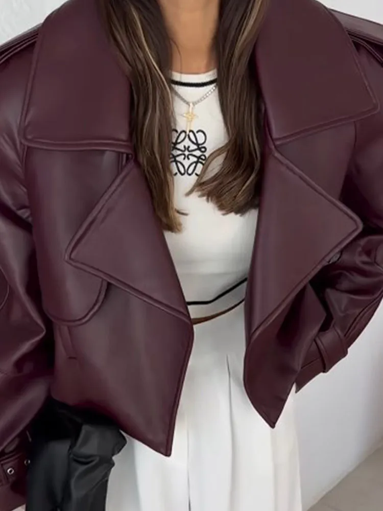 Elegant Burgundy One Button Leather Overcoats For Women Fashion Flip Pockets Loose Solid Jackets 2024 Lady Chic Street Outerwear 6