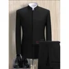 Fashion Solid Men Suits 2 Piece Stand Collar Long Sleeves Formal Outfits Chic Business Casual Wedding Tuxedo (Blazer+Pants) 2
